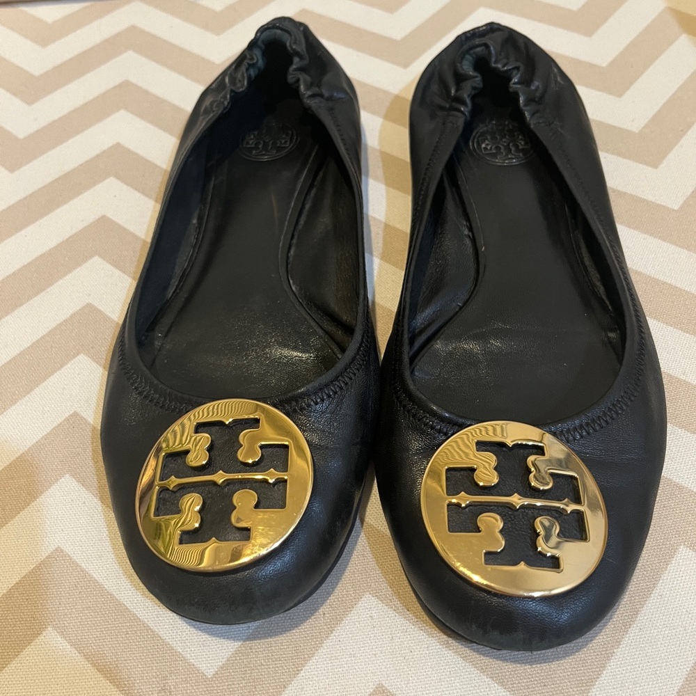 Tory Burch Black Flats with Gold Logo